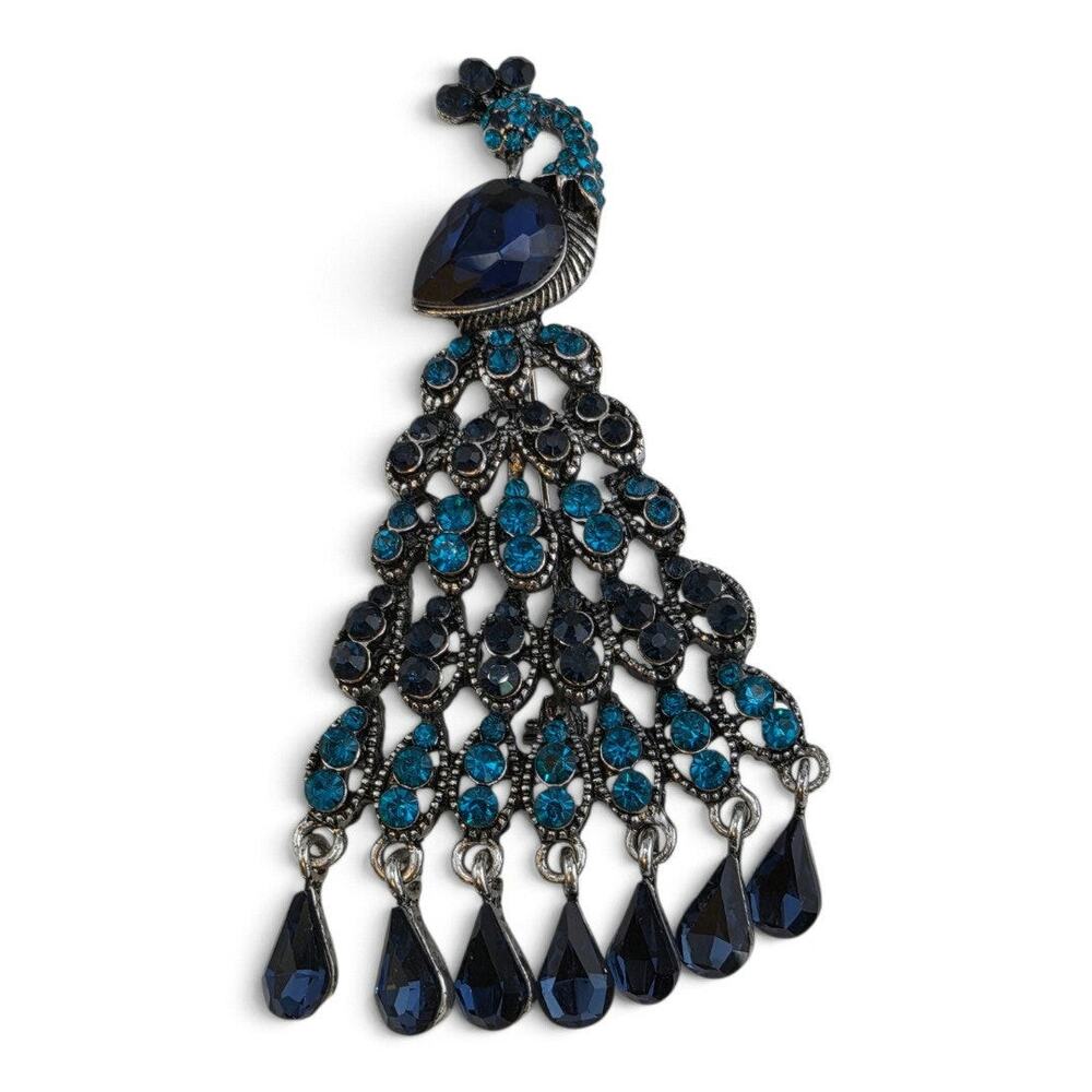 Vintage Peacock Brooch Blue Rhinestone Articulated Dangle Statement Pin